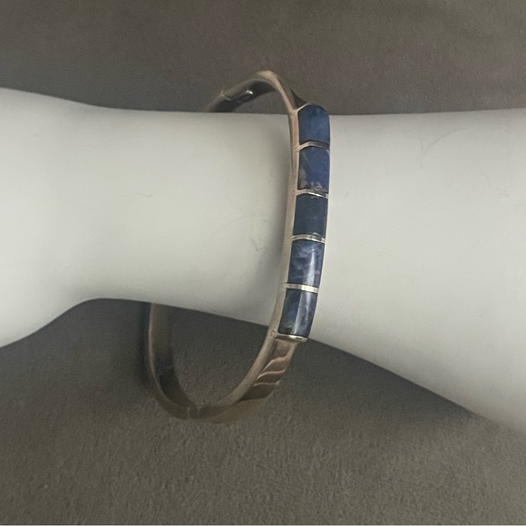 Vintage Taxco Sterling Silver and Sodalite Hinged Cuff Bracelet - Picture 1 of 6